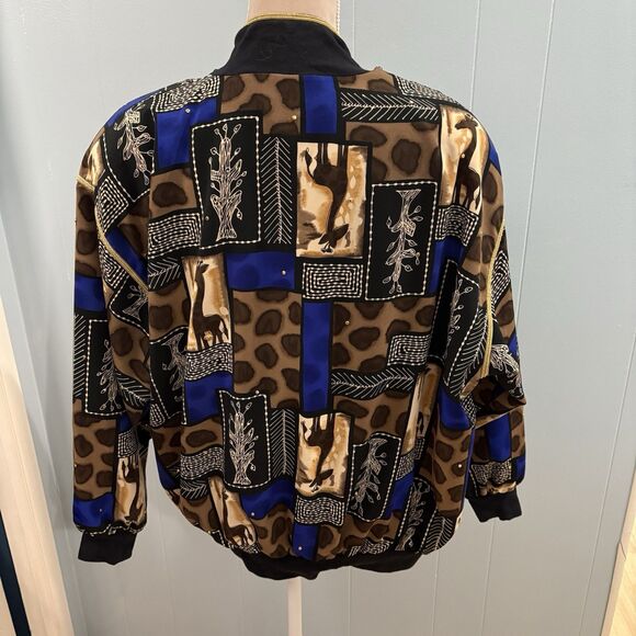 Vital Elements Black Gold Button Abstract Bomber Jacket 90s Retro Medium Giraffe - Picture 10 of 16